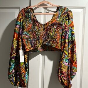 Floral Tropical Crop Top with Bubble Sleeves